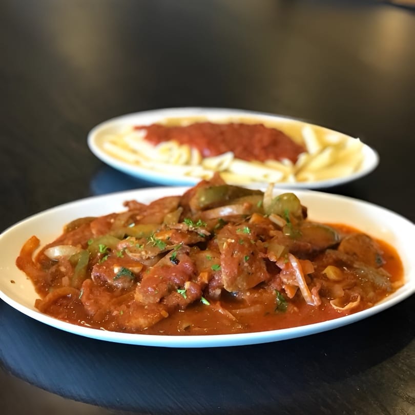 Two plates of pasta, one with red sauce and vegetables, the other with penne and red sauce.