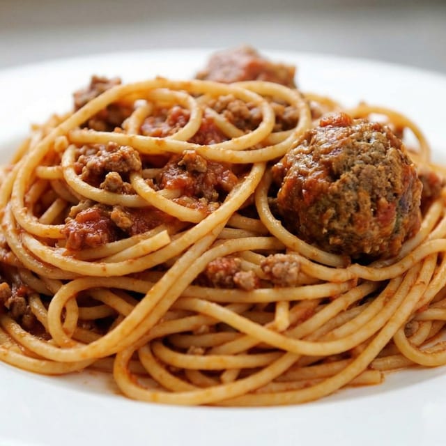 Spaghetti with Sausage or Meatball Lunch.